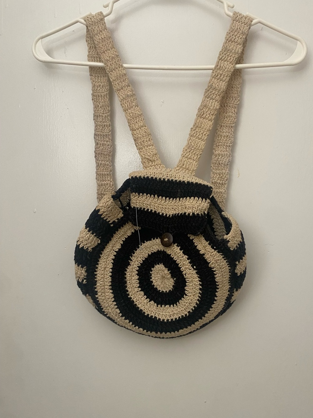 🖤 Handmade Crochet Backpack – Black & Natural Boho Bag